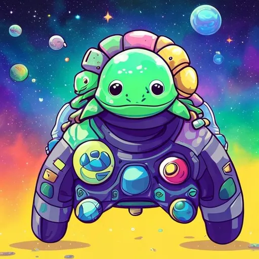 Prompt: A  cartoon space turtle in a colorful galaxy with a video game controller