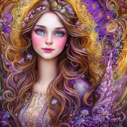 Prompt: portrait of pretty girl, long violet hair, daisies, style of Josephine Wall