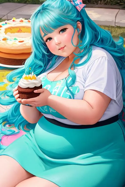 Prompt: oil painting, UHD,  8k, Very detailed face, panned out, cute chubby female lightning elemental, she is laying down on the ground,   messily eating an extremely large cake, causing her clothes to feel bloated and gassy, chubby cheeks, fat thighs, fat belly, she has flowing hair, she wears a very tight turquoise Japanese skirt with frosting stains on it, a turquoise cloth across her chest, she is bursting out of her clothes, 