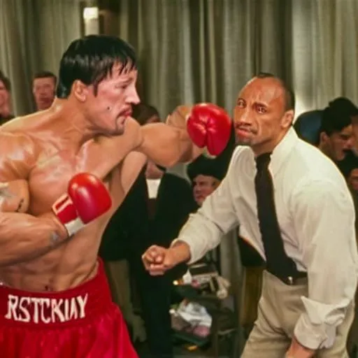 Prompt: Rocky Balboa punching Dwayne Johnson