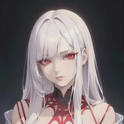 Prompt: (masterpiece, illustration, best quality:1.2), wolfcut hairstyle, white hair, devilish eyes, wearing thin red nightgown, best quality face, best quality, best quality skin, best quality eyes, best quality lips, ultra-detailed eyes, ultra-detailed hair, ultra-detailed, illustration, colorful, soft glow, 1 girl