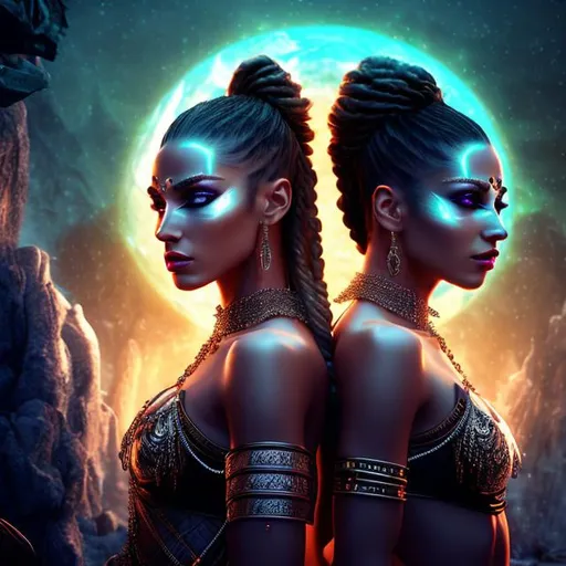 Prompt: HD 4k 3D 8k professional modeling photo hyper realistic two twin beautiful women ethereal evil greek goddesses of curses
white cornrows hair dark eyes gorgeous face pale skin black feathered dress tattoos headpiece full body surrounded by magical glowing light hd landscape background dark underworld caves