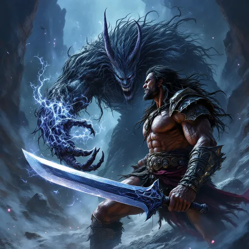Prompt: epic battle scene, Conan facing a dark, twisted underworld elf, an magic broad sword in his hand, fantasy style, dramatic poses, swirling shadows, intense expressions, rugged, battle-worn armor, ethereal glow from the elf’s magic, jagged cliffs in the background, deep blues and purples with touches of silver, ominous atmosphere, high depth dramatic lighting, ultra-detailed, cinematic composition, mystical energy crackling around them, dynamic action.