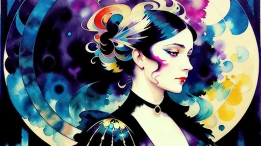 Prompt: Lady in Black, smudge, splash, stain, watercolor, alphonse mucha, rococo, iridescent, synesthesia, mysterious, vapor, whimsical, noctilucent, karol bak, sonia delaunay, takashi murakami, ralph steadman, mixed media, symbolist painting