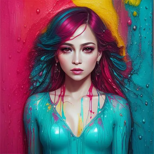 Prompt: Younger female J Lo, mixed media, wet paint, Jewel bug, color background, flowing liquid color down her face, cyan, magenta, red, blue, yellow, shot by ZHANG JINGNA