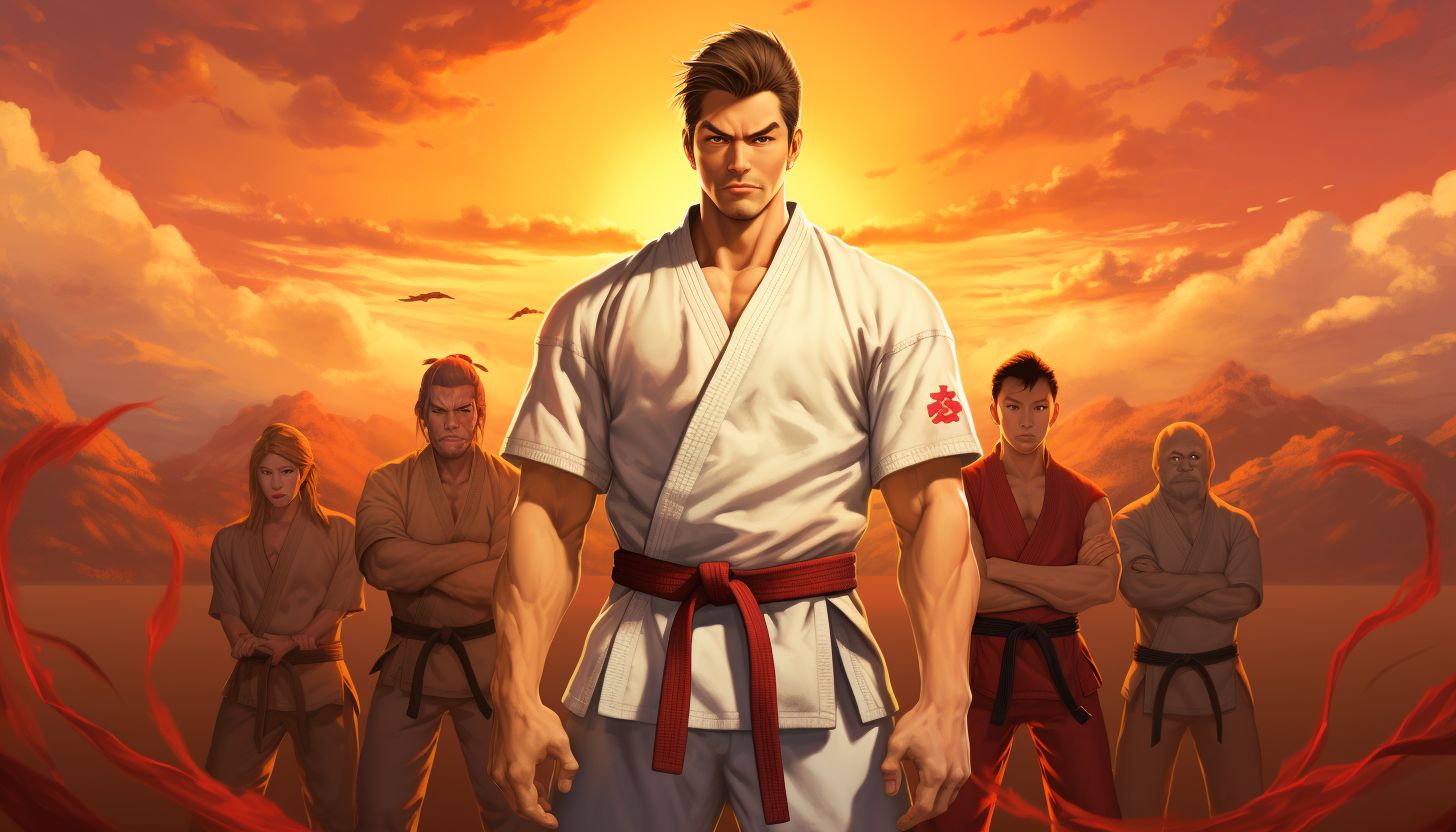 Prompt: mana nihon karate is available on playstation 4, in the style of thomas blackshear, david renshaw, cinematic composition, shohei otomo, red and amber, uhd image, split toning