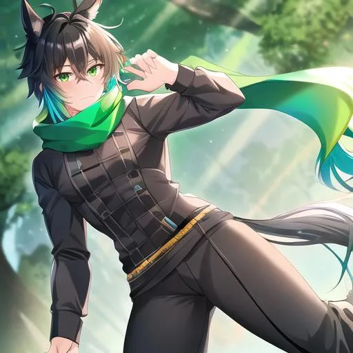 Prompt: Male. masculine build. human animatronic hybrid, with focused emerald eyes. Emerald colored feathery PEGASUS tail. Short dark Green ombre hair. horse ears. adult He wears grey comfy leggings, a white oversized sweater, brown boots. And a green scarf. Anime style. UHD, HD, 4K. In the forest. Broken leg