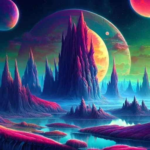 Prompt: Fantasy planet landscape with ship and moon, beautiful, colorful, fantasy art, digital painting, hyperrealism, hyperdetailed, landscape, photorealistic, psychedelic, radiant, serene, vibrant