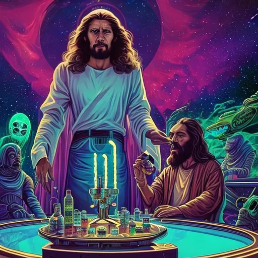 Prompt: widescreen, photo, painting, longshot, wide view, infinity vanishing point, overhead lighting, jesus and another jesus and an alien smoking a crystal bong,  fancy table , in an exotic space cantina, stunning galaxy background, surprise me