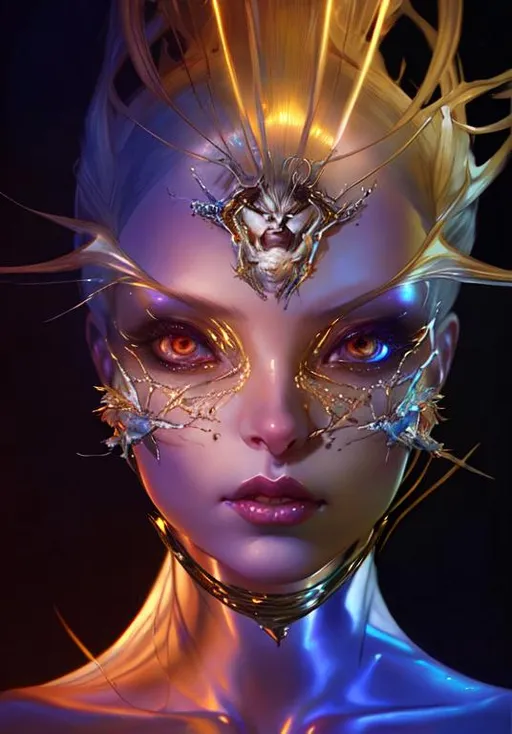 Prompt: A Roberto ferri, Anna dittmann, greg rutkowski and wlop  portrait  of female spider queen hybrid human white shiny and bright metallic female beautiful human face. Glowing iridescent eyes. details, detailed face. shadow effects. epic dark fantasy. realistic exposure. 