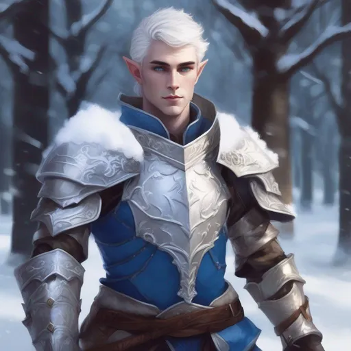 Prompt: DND a male elf with short fluffy white hair and blue eyes wearing plate armor in a snowy park