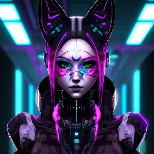 Prompt: fox human hybrid beautifull face cyberpunk full body