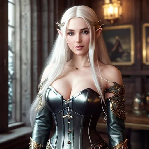 Prompt: photorealistic portrait of (elvish woman), long white hair, with some imperfections on the face, muscular, 20 years old | sultry smile |   tight leather corset | large bust | ornate dagger in hand | sharp focus, ultra-fine details, cinematic lighting, 4k | wlop, artgerm, vastly ornate detailed dungeon background, vibrant colors, Akihiko yoshida, low angle shot,  with a very seductive smile 