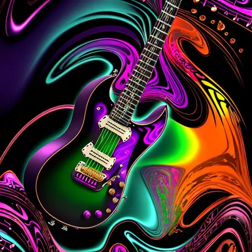 Prompt: beautiful freeform dark chaos vivid bold, 3D, HD, [{one}({liquid metal {one}{electric}Guitar]::2, (musical notes) with {purple gold pink green red silver blood}ink), expansive psychedelic background --s99500 