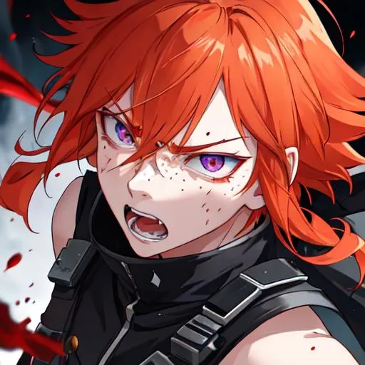 Prompt: Erikku male adult (short ginger hair, freckles, right eye blue left eye purple) UHD, 8K, Highly detailed, insane detail, best quality, high quality,  anime style, in purgatory, angry, fighting, covered in blood