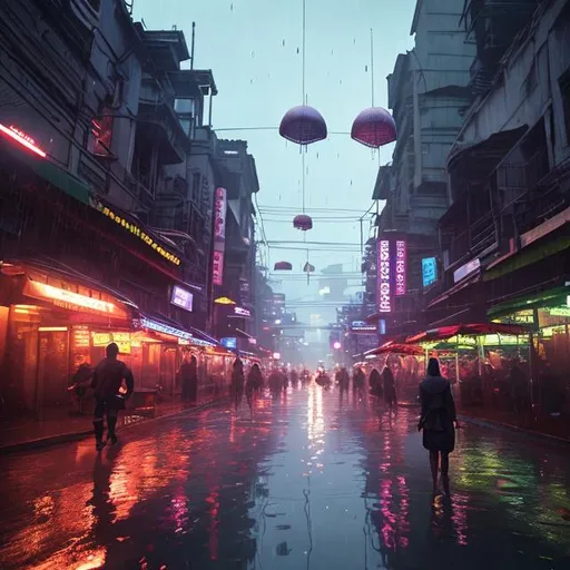 Prompt: Disrupting daily scene, realistic character, details, epic, realistic, photo, cinematic, floating lights, a bit of neon, diffusion, umbrellas in the sky, rising sun, reflective wet ground, hanging umbrelllas