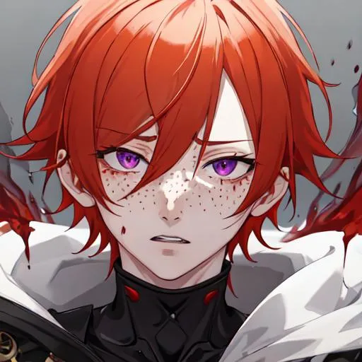 Prompt: Erikku male adult (short ginger hair, freckles, right eye blue left eye purple) UHD, 8K, Highly detailed, insane detail, best quality, high quality, covered in blood, covering his face with his hand, wide eyes, insane, fear, threatening, anime style