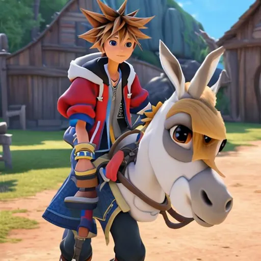 Prompt: Sora from kingdom hearts riding a donkey
