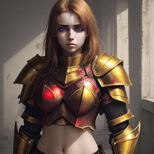 Prompt: beautiful young woman with sad golden eyes and a bruised face, wearing red half-plate armor with an exposed, bruised midriff