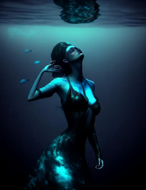 Prompt: underwater WOMEN, dark mystic vibe, octane render, photorealistic, unreal engine, teal black color palette, 8k, unreal engine, octane render, WITH GOOD FACE IN 4K