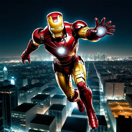 Prompt: Iron Man flying over a cityscape at night.