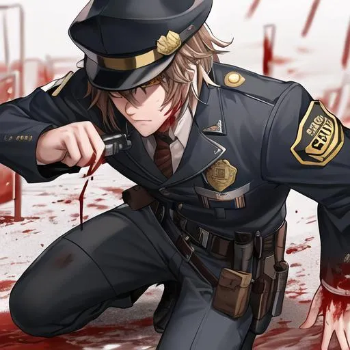 Prompt: Caleb as a police officer in a gunfight bullets flying, wounded, covered in blood, lying on the ground
