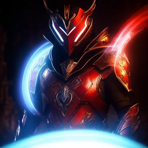Prompt: Mask, red metal, red energy visor, blue energy orb on side, white hair sticking out, black metal on temples, red accents, red glow from eye area, Middle age, male, techno armor, red armor, glowing blue orb in chest, frost energy coming from orb, energy coming from orb, orb in chest looks like rock, white hair, white full beard, black in armpit area, short white hair, frost energy coming from hands, frost coming off of hands, blue energy rising off of hands, futuristic armor, red iron plates on armor, black and blue cloth under armor, red shoulder plates, red leg guards, red arm guards, red boots, ice, frost , snow, blizzard, orange lights in armor, orange ring around orb, orange energy from chest.