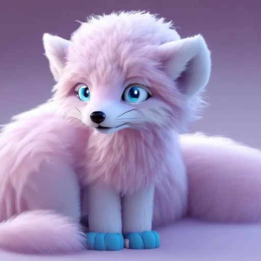 Prompt: pink fluffy anthromorphic fox with blue eyes