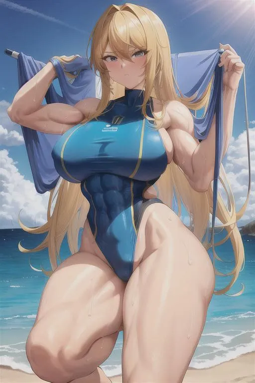 Prompt: Samus a muscular has a body with a very well proportioned bust, with very shapely legs, she is lying covered in sweat, on a beach in a Blue low cut bathing suit, lying in a hammock, amazing art, absolutely amazing, view from full body, razor sharp focus, summery, mesmerizing, (masterpiece), volumetric lighting, beams, vivid colours, UHD, 16k, HDR, ((((best quality)))), ((((extreme details ))))