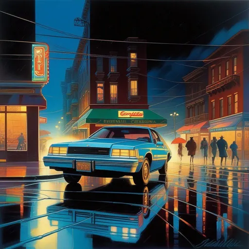 Prompt: 1980s, Little Italy at night, neon, car chase, rain, fog, cold blue atmosphere, cartoony style, extremely detailed painting by Greg Rutkowski and by Henry Justice Ford and by Steve Henderson
