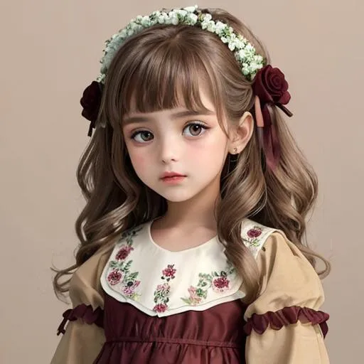 Prompt: flower girl in colors of brown, beige and maroon