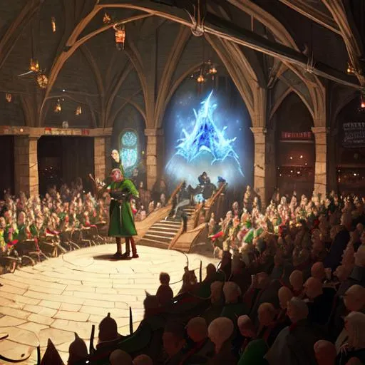Prompt: an elf wizzard speaking in a huge covered elf pub, people in the audience, greg rutkowski style