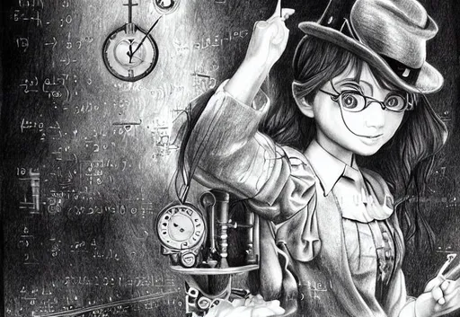 Prompt: pencil drawing drawing: a pretty, average, 11 year old girl discovers a new world where she can cast magic by calculating math with her special pencil and must protect herself from steam punk looking secret police and the world that looks like clockwork, steam punk, Harry Potter Wizarding world mash up.