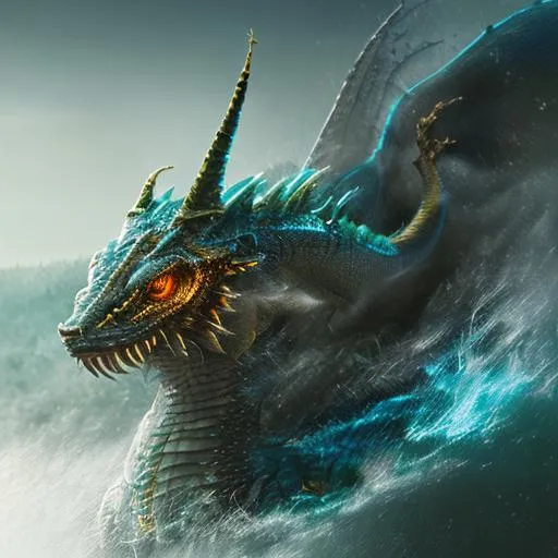Prompt: flying water dragon, blue armor scales, mysterious fog lake background, hyper realistic, full body, chinese dragon style, have sharp horns