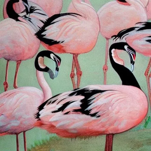 Prompt: Michelangelo style painting black swans and pink flamingos