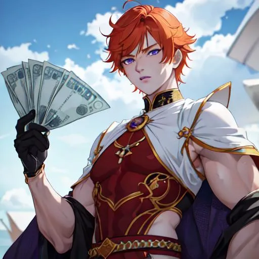 Prompt: Erikku male (short ginger hair, freckles, right eye blue left eye purple) muscular, UHD, 8K, Highly detailed, insane detail, best quality, high quality.  holding dollar bills, wearing clothes