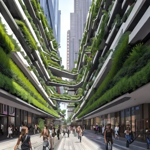 Prompt: Pedestrianized streets with vertical gardens and interactive hubs.