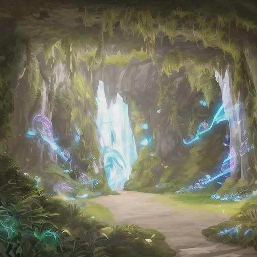 The overhung overgrown entrance to a cave, near gras... | OpenArt