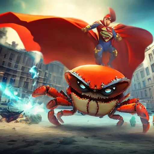 Prompt: Mega Crab in the action of fighting Superman