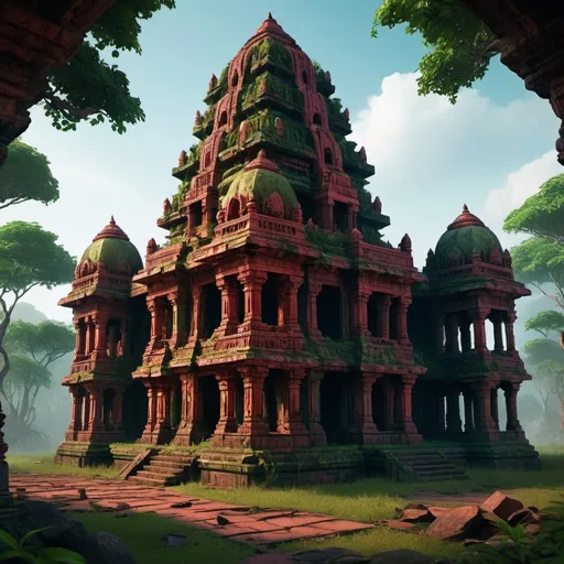 Prompt: War Temple Ruin, South Indian Architecture, entire structure, partly destructed, ghostly atmosphere, strongly overgrown by djungle, red and black marble materials, lush green surroundings, intricate carvings and ornate details, immersive world-building, high quality, detailed, epic scale, fantasy, game style, vibrant colors, dusk