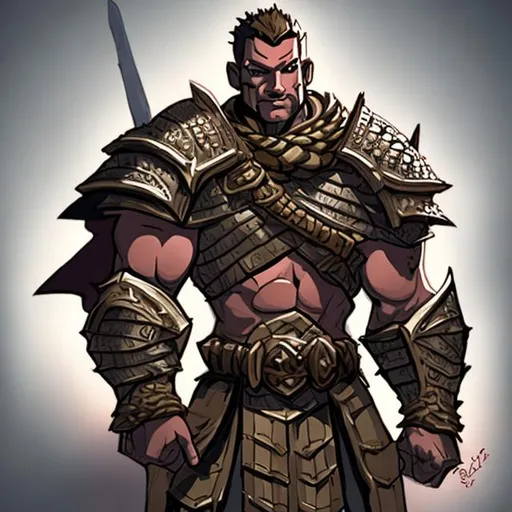 Prompt: Make a cool, buff, armored DnD character