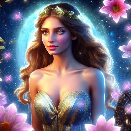 Prompt: HD 4k 3D 8k professional modeling photo hyper realistic beautiful young woman ethereal greek goddess of hope
shiny black hair ponytails blue eyes gorgeous face pale skin beautiful shimmering grecian top and skirt flower crown holding flowers full body surrounded by magical glowing light hd landscape background inside a jar with glowing sprites and fireflies