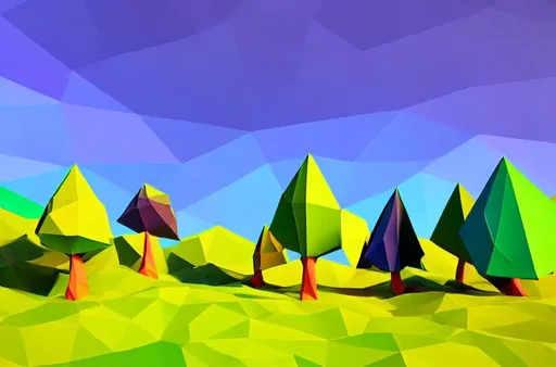 Prompt: Colorful low poly stylized landscape with trees