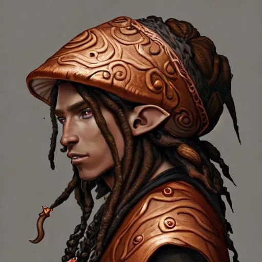 Prompt: A painting of a young hermit, male elf, copper skin and black dreadlocks wearing a druid hood, mushroom theme, fantasy, realistic, side view