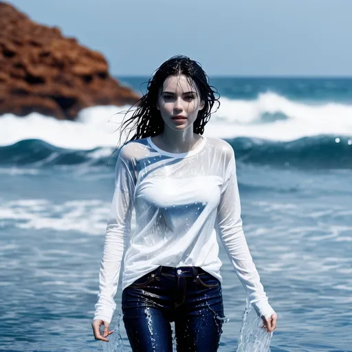 Prompt: Generate a photo of a young woman, wearing a  dark blue jeans , white long sleeve t shirt see through,  standing in the sea. She is enjoying being in her wet clothes, water dripping from her clothes, which are stuck to her body.  The image should show detailed textures of the wet fabric, a wet face, and plastered hair. The overall effect should be shiny and wet, with professional, high-quality details and a full body view.