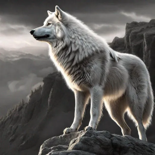 Prompt: beautiful white wolf howling, standing on cliffside, sunrise, UHD, full body focus, professional, vibrant, wild billowing fur, big 8k {silver eyes}, thick fluffy silver mane, black and white, greyscale, highly detailed shading, high contrast, professional, studio light, realistic fur, highly detailed, intricate detail, Anne Stokes, Yuino Chiri, unreal engine, artstation, 8k HD, detailed oil painting, masterpiece