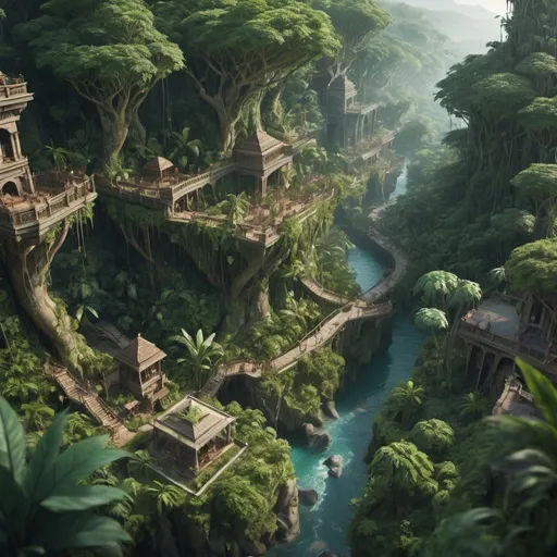 Prompt: Sprawling bustling high fantasy jungle forest, isometric view, Cinematic Matte Painting, Insanely Detailed, Award Winning, Trending on Artstation, 8k, UHD
