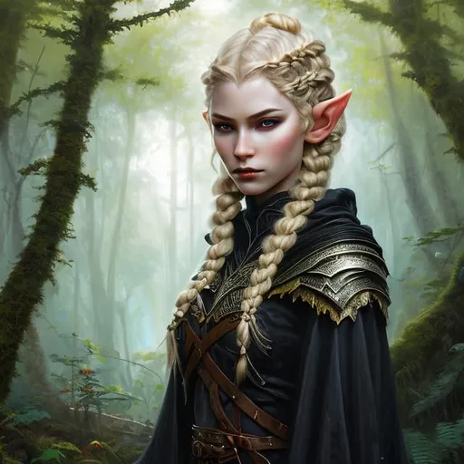 Prompt: Portrait painting, beautiful nordic looking elven warrior woman with blonde braided hair, pale skin, black leather armor, black cloak, in the jungle, dull colors, danger, fantasy art, by Hiro Isono, by Luigi Spano, by John Stephens