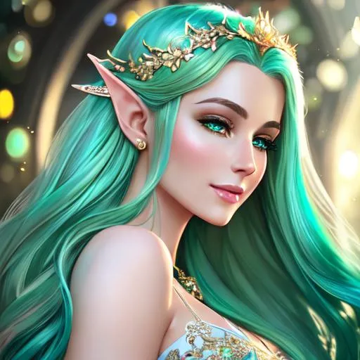 Prompt: A hyper realistic full body image of a feminine elegant beautiful elven woman who has ((iridescent hair)) and green eyes, with a see-through lace dress, lot of jewelry set, balayage wild hair, highly detailed, digital painting, Trending on artstation, HD quality, cute smile, ((Triss)), ((by Prywinko)), ((huge breast)), ((sexy))