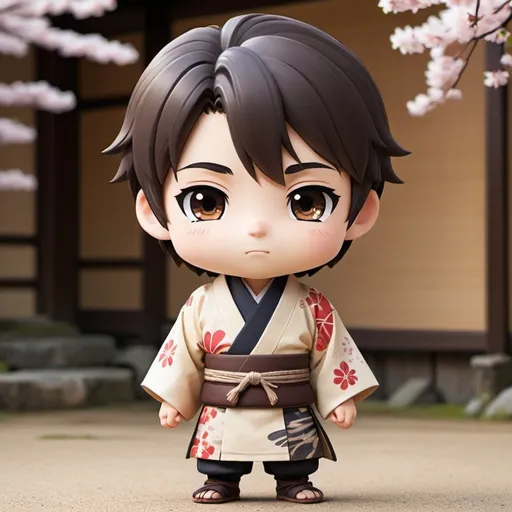 Prompt: create a Chibi character who is male, dark hair, brown eyes, wearing traditional japanese clothes that show character, fun and light heartedness.